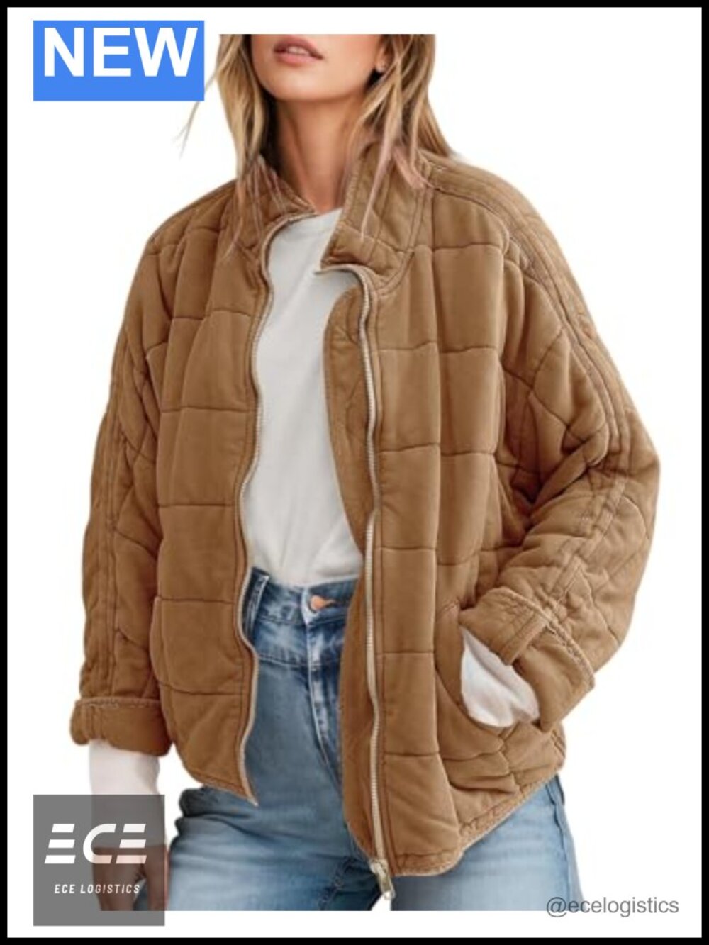 Quilted Dolman Sleeve Full-Zip Suede Jacket Warm Winter Outerwear